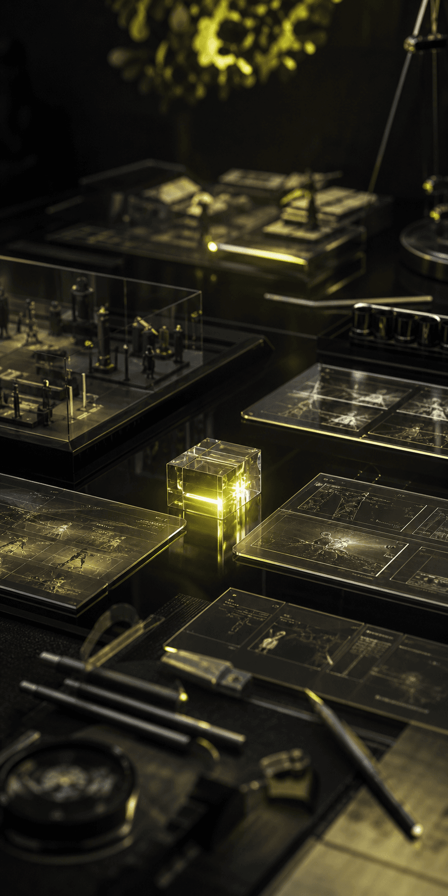 Black glass creative desk with transparent storyboard cards and a glowing story artifact.