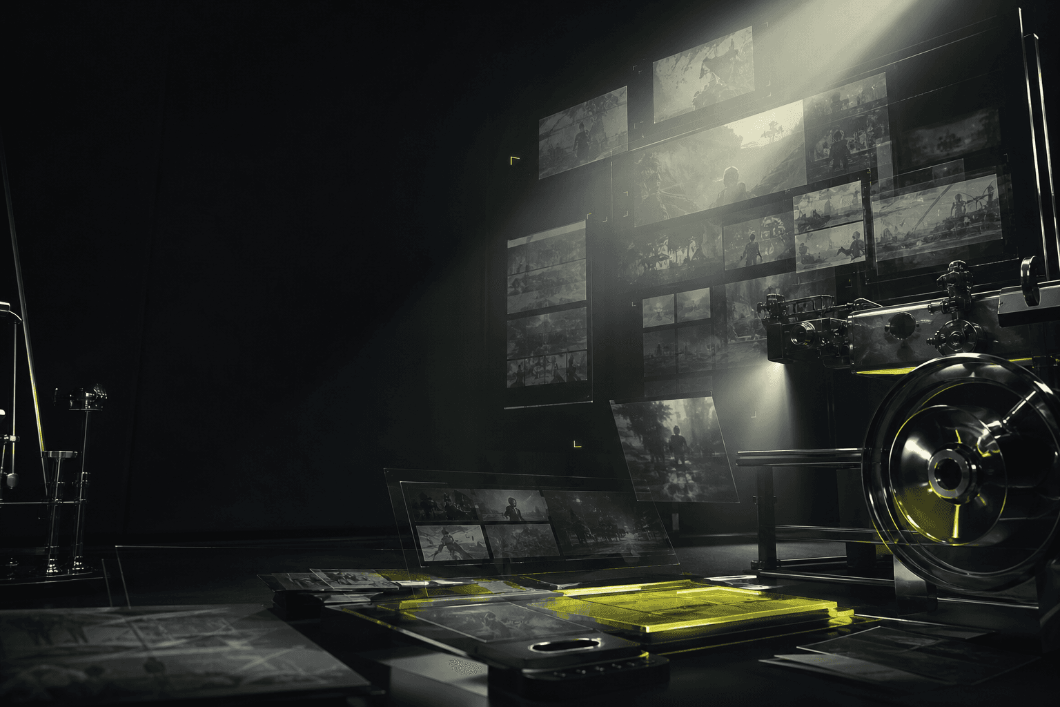 Cinematic dark AI story studio with floating storyboard panels and chrome equipment.