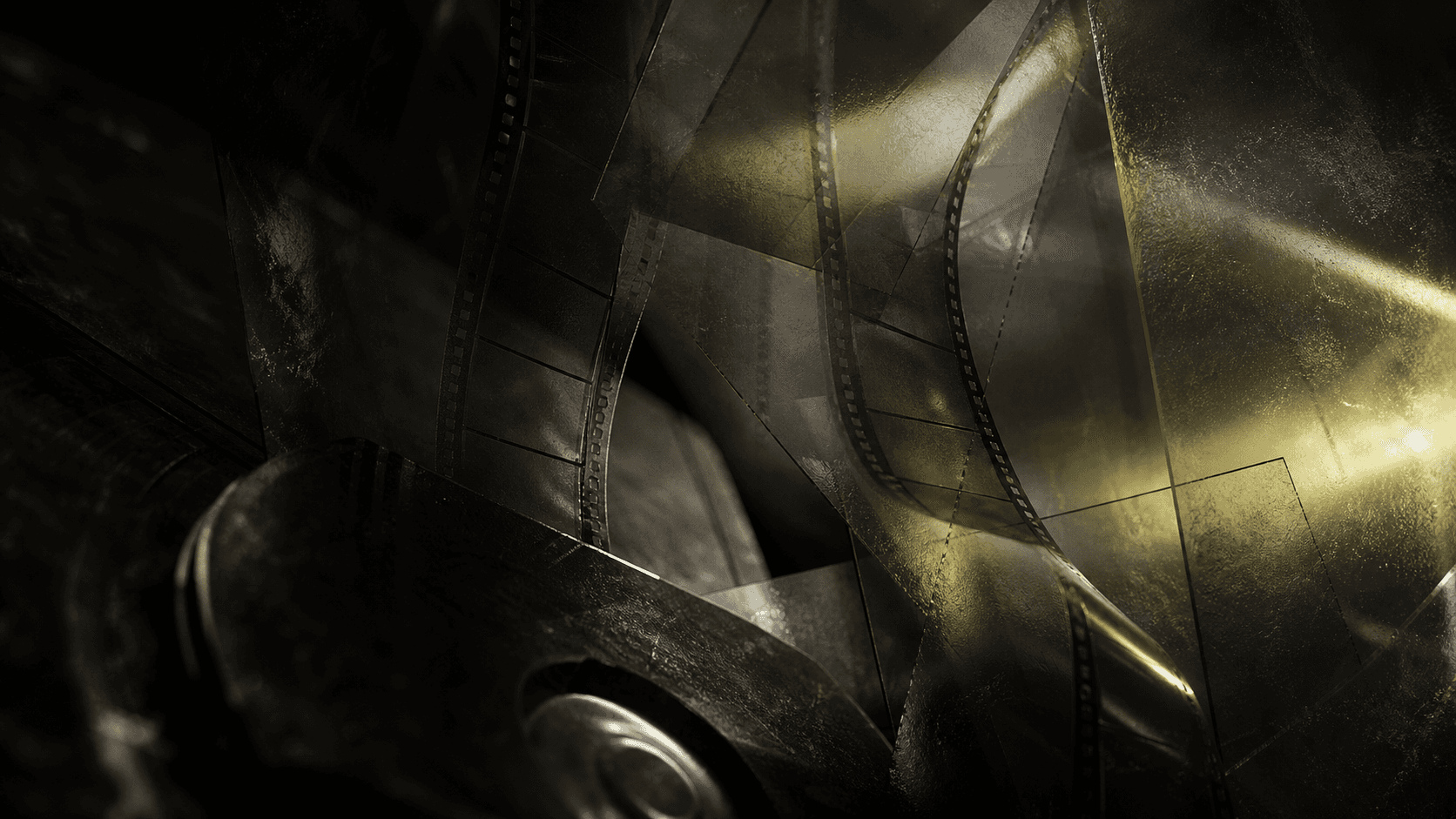 Abstract dark film texture with translucent strips, chrome surfaces and citron projection light.